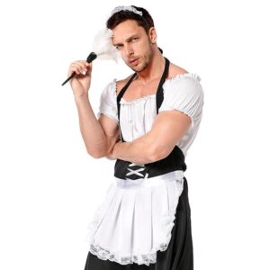 Playful man in a humorous maid costume holding a duster for fun and entertainment.