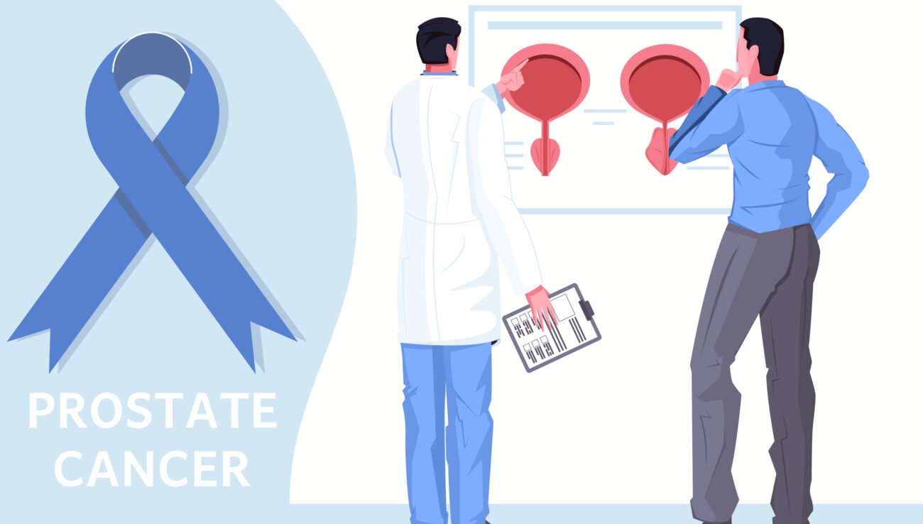 Prostate cancer awareness poster featuring doctor-patient discussion and blue ribbon symbol.