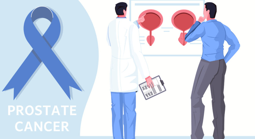 Prostate cancer awareness poster featuring doctor-patient discussion and blue ribbon symbol.