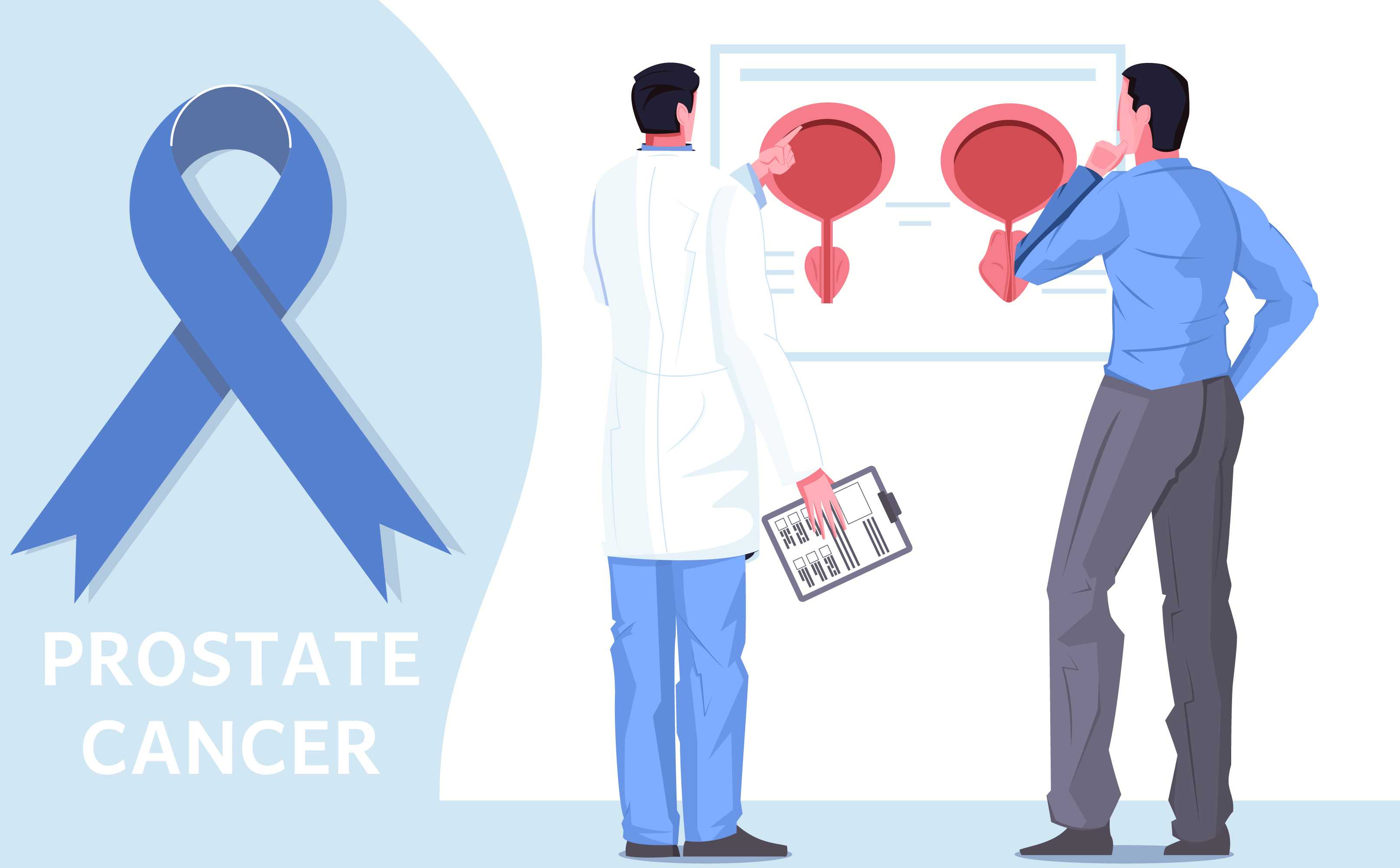 Prostate cancer awareness poster featuring doctor-patient discussion and blue ribbon symbol.