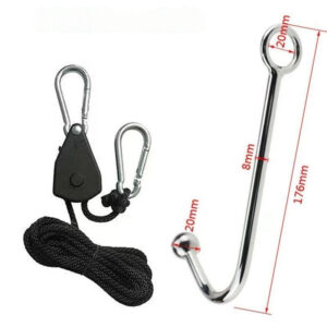 Durable pulley system and metal hook for lifting and securing heavy objects efficiently.