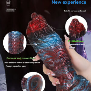 Vibrant red and blue textured phallic toy for enhanced sexual pleasure and versatile use.