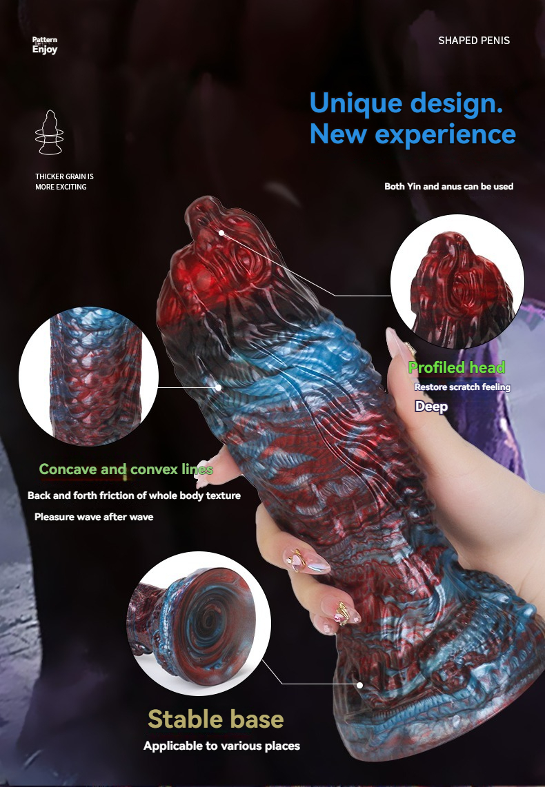 Vibrant red and blue textured phallic toy for enhanced sexual pleasure and versatile use.