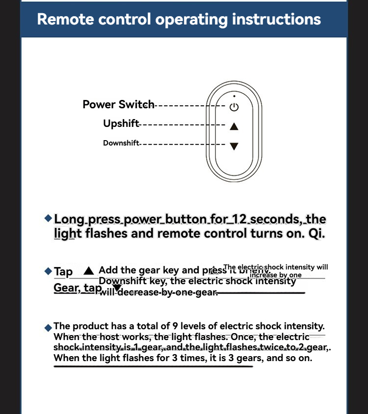 Remote control instructions for adjustable electric shock intensity settings on a sex toy.