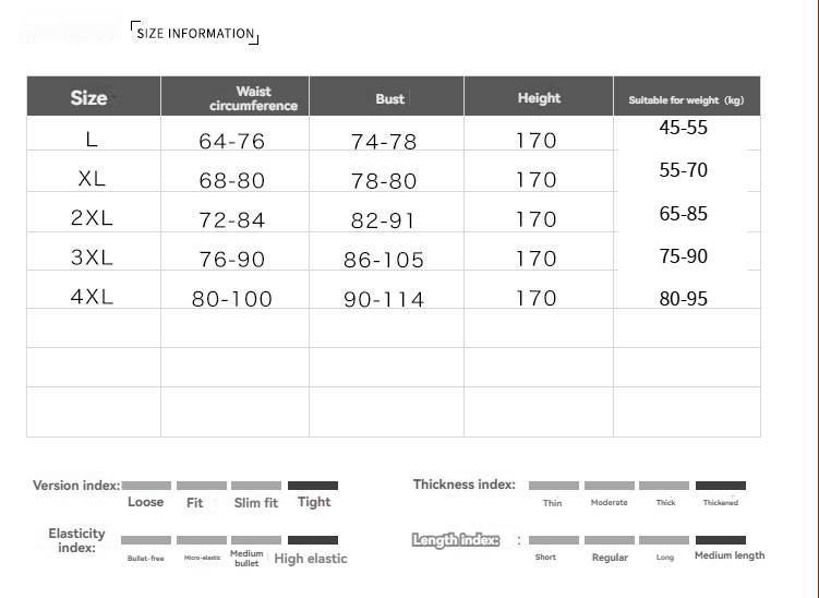 Tabela de tamanhos de vestuário com medidas para um ajuste ótimo e conforto em vestuário para adultos.