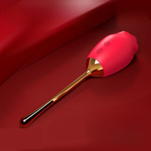 Vibrant rose-shaped pink and gold multifunctional tool for pleasure and decoration.