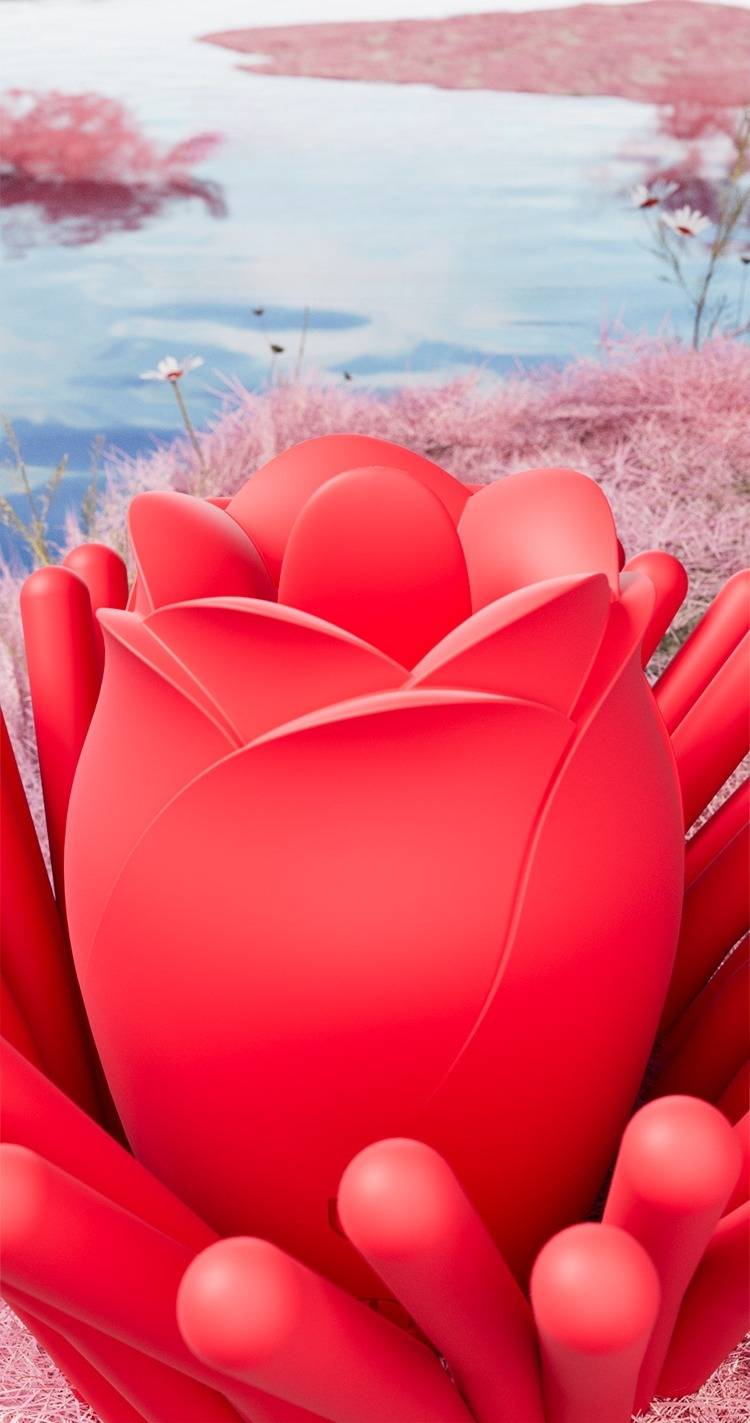 Vibrante rosa roja con suaves zarcillos sobre una caprichosa hierba rosa pastel y agua serena.