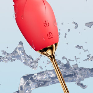 Elegant rose-shaped silicone vibrator with a gold base, featuring water droplets for intimacy.