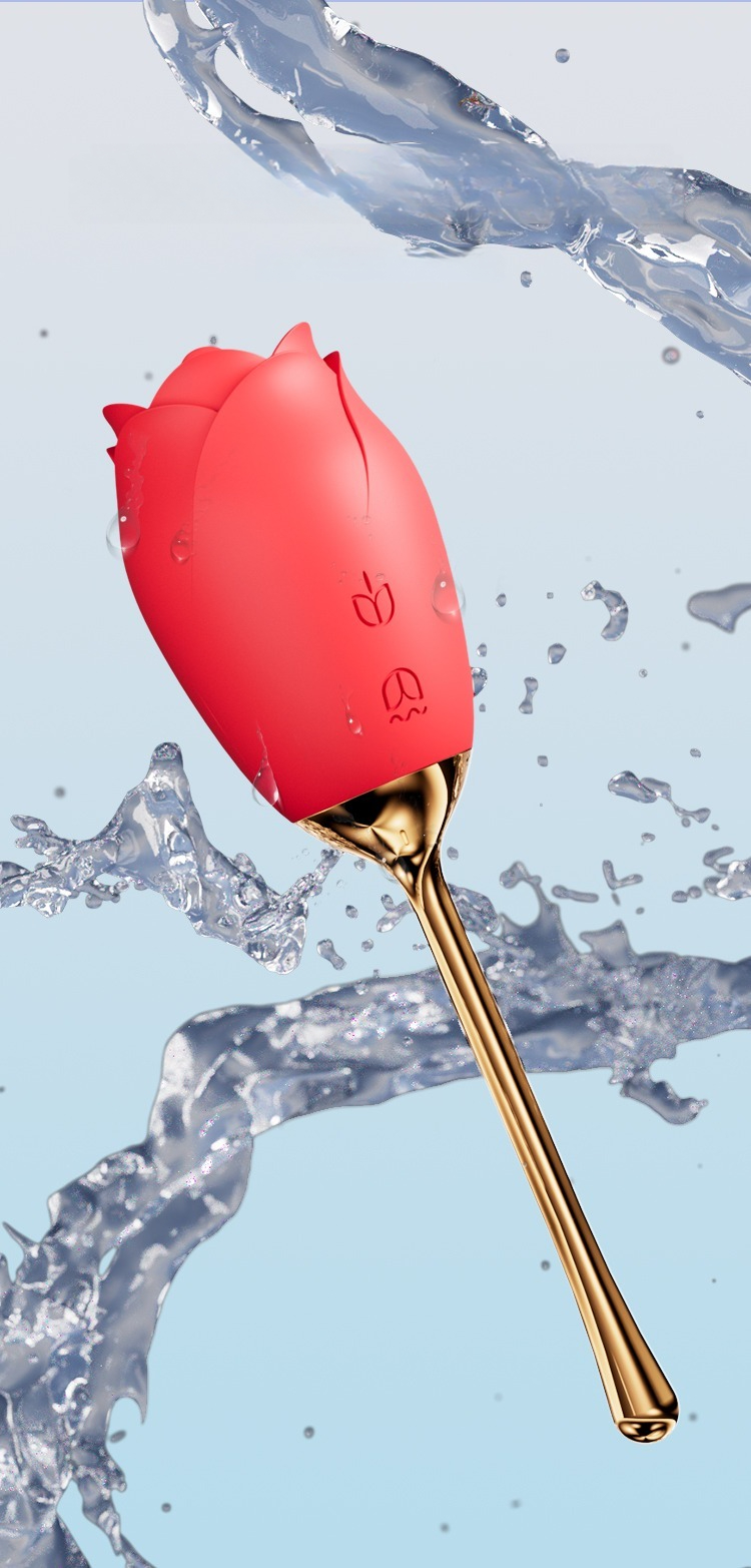 Elegant rose-shaped silicone vibrator with a gold base, featuring water droplets for intimacy.