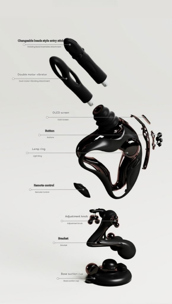 Exploded view of a modern pleasure device with customizable attachments and advanced features.