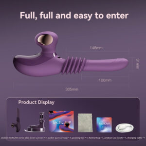 Purple ergonomic sextoy with accessories for enhanced pleasure and user comfort.